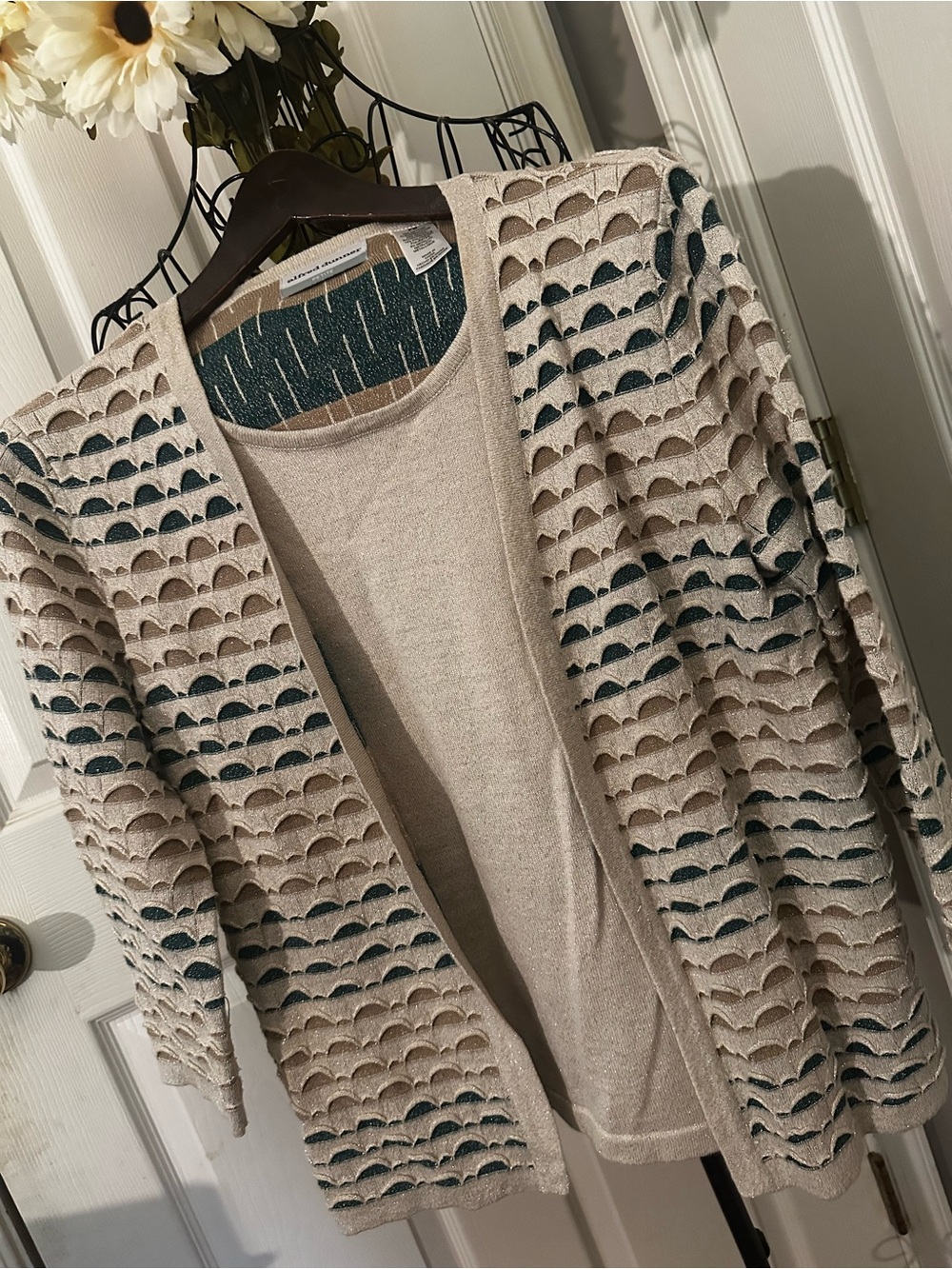 Alfred Dunner PM Beige & Teal Open-Front Sweater with scalloped accents